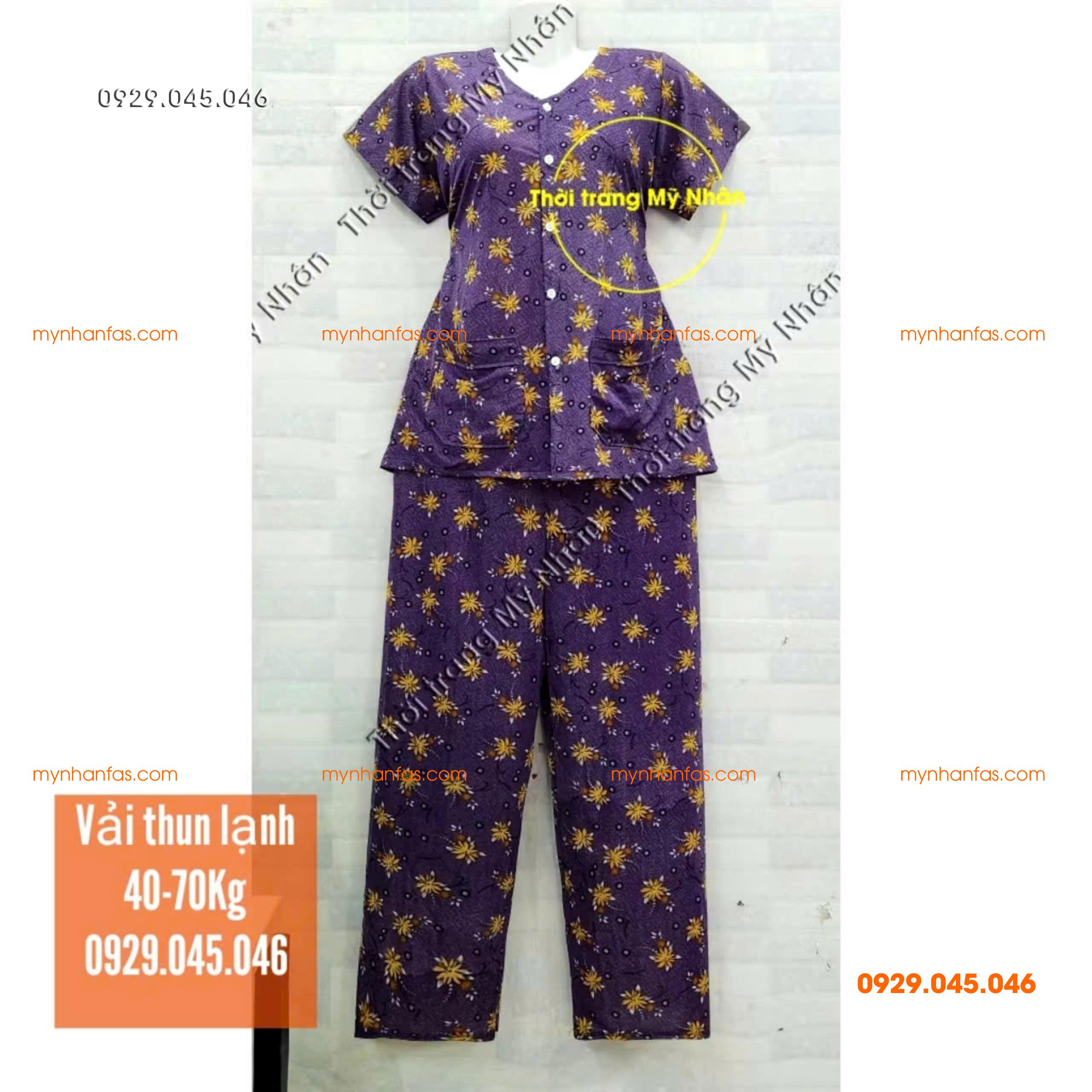 [35-70kg] Đồ bộ cho bà quần dài tay ngắn có túi vải thun lạnh loại 1 - PN736