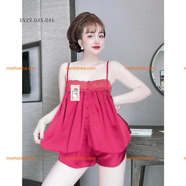 [40-50kg] Đồ ngủ đồ bộ mặc nhà 2 dây vải phi bóng ren ngực dễ thương - PN744