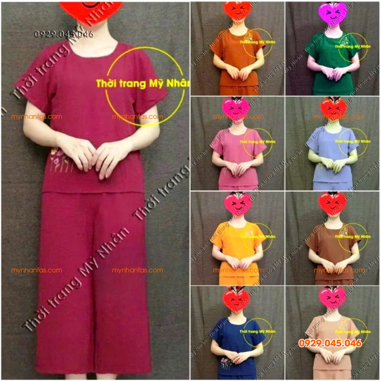 [40-70kg] Đồ bộ trung niên nữ vải đũi cao cấp thêu hoa nhiều màu đẹp - PN737