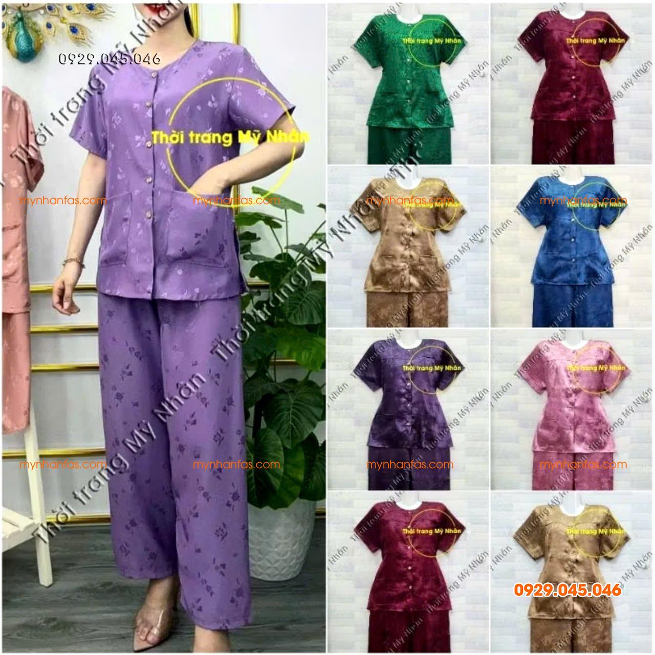 [40-75kg] Đồ bộ trung niên gấm cho bà 2 túi áo cao cấp - PN739
