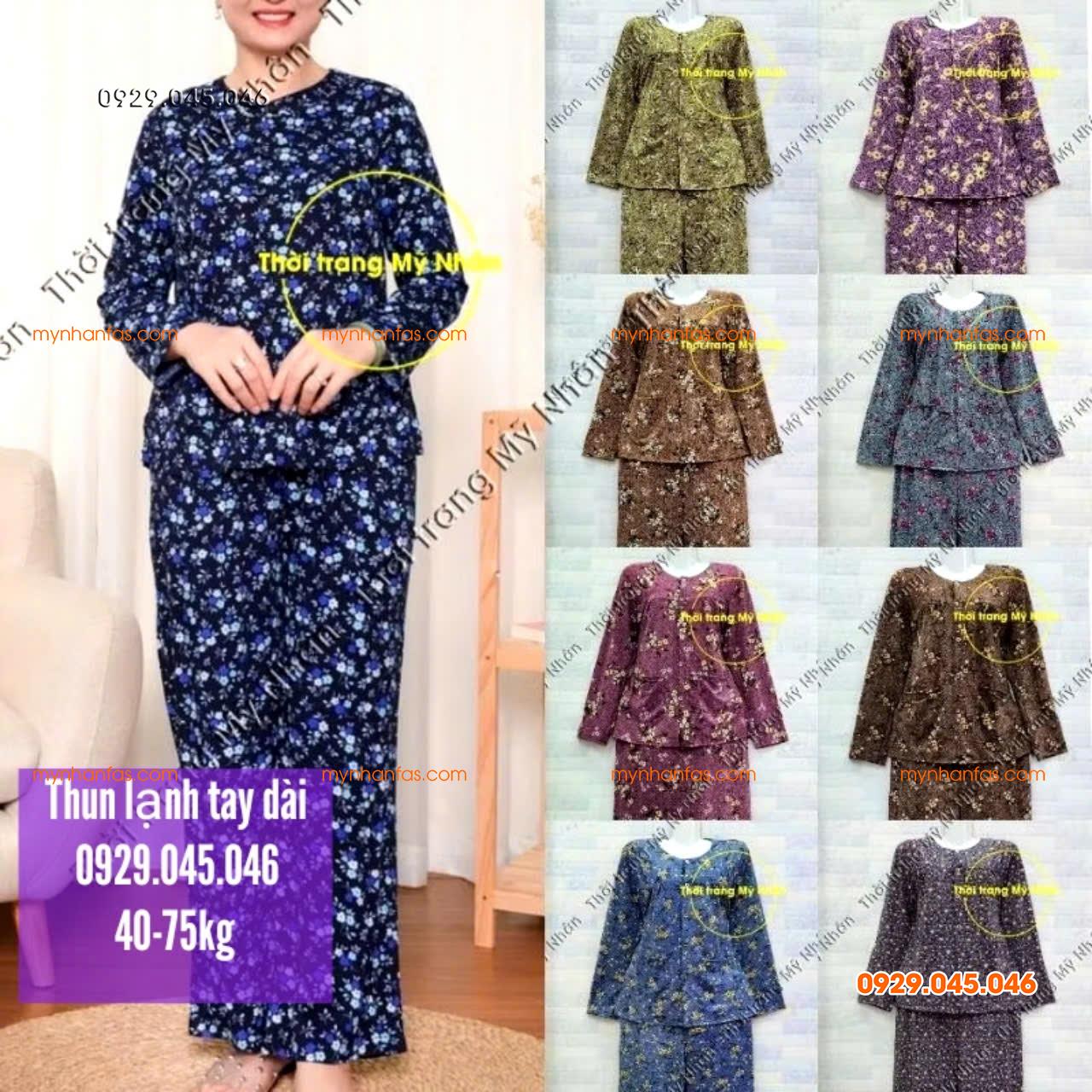 [40-80kg] Đồ bộ bà già thun lạnh tay dài quần dài đẹp cao cấp - PN738