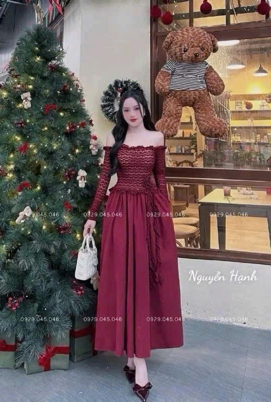 Đầm ren tay dài bẹt vai váy dài đính bông eo cực yêu - MYN1754
