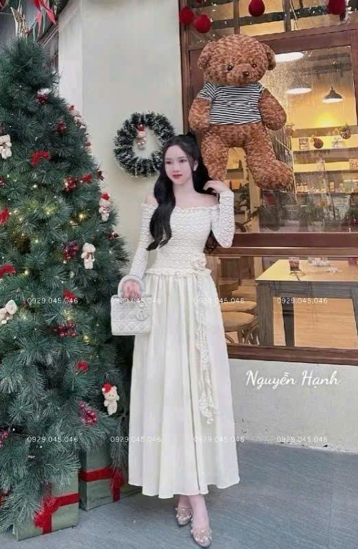Đầm ren tay dài bẹt vai váy dài đính bông eo cực yêu - MYN1754