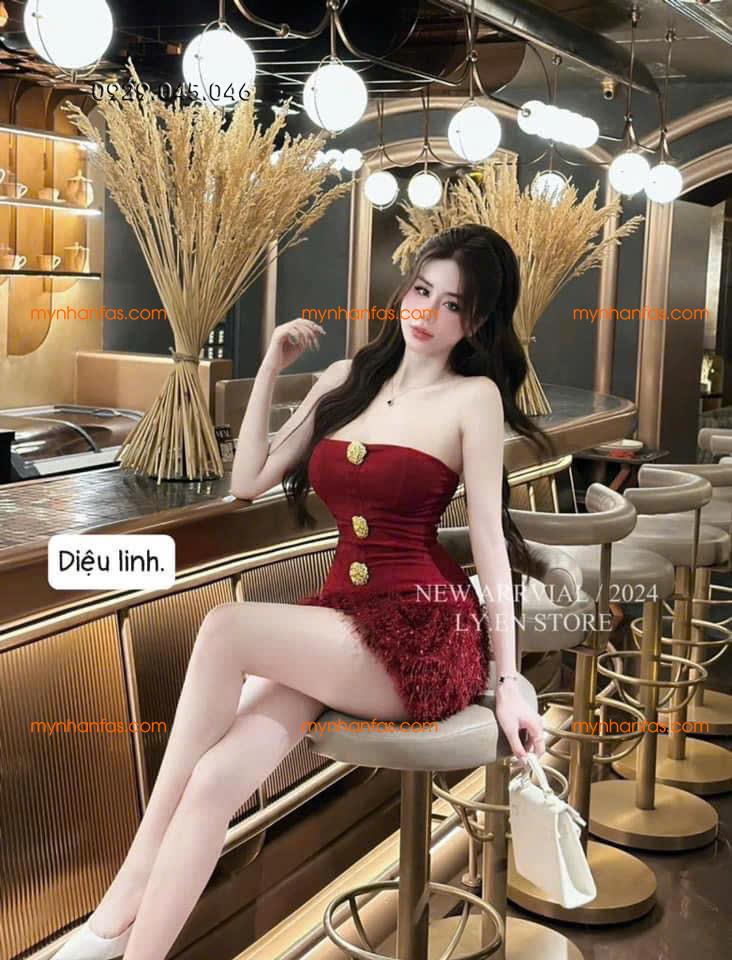 Đầm tăm lạnh có mút ngực phối lông vũ có lót quần cao cấp - MN755