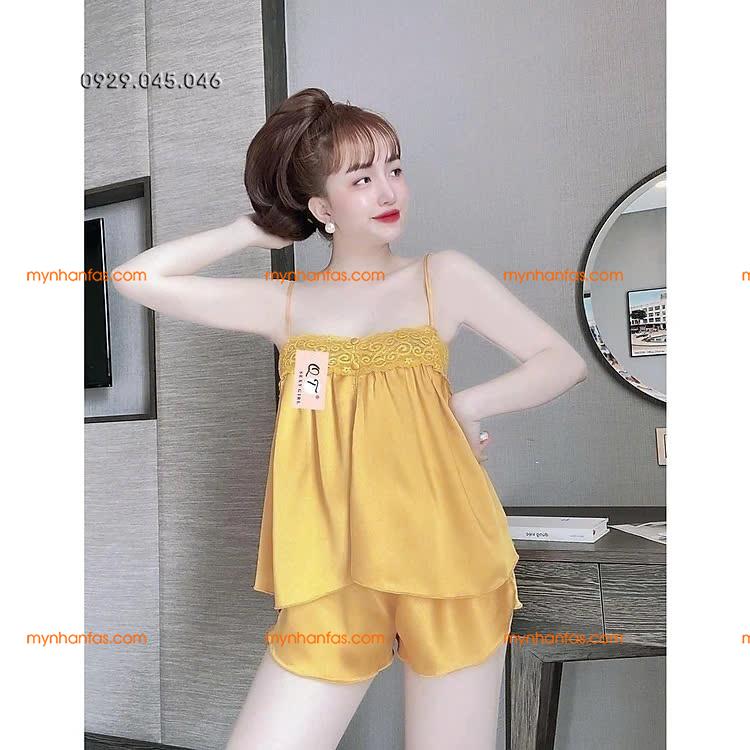 [40-50kg] Đồ ngủ đồ bộ mặc nhà 2 dây vải phi bóng ren ngực dễ thương - PN744