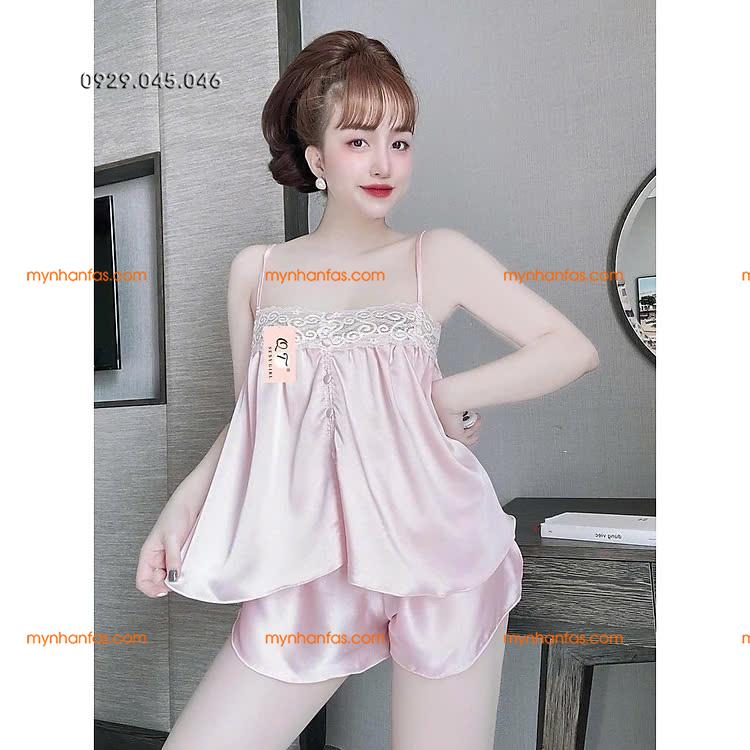 [40-50kg] Đồ ngủ đồ bộ mặc nhà 2 dây vải phi bóng ren ngực dễ thương - PN744