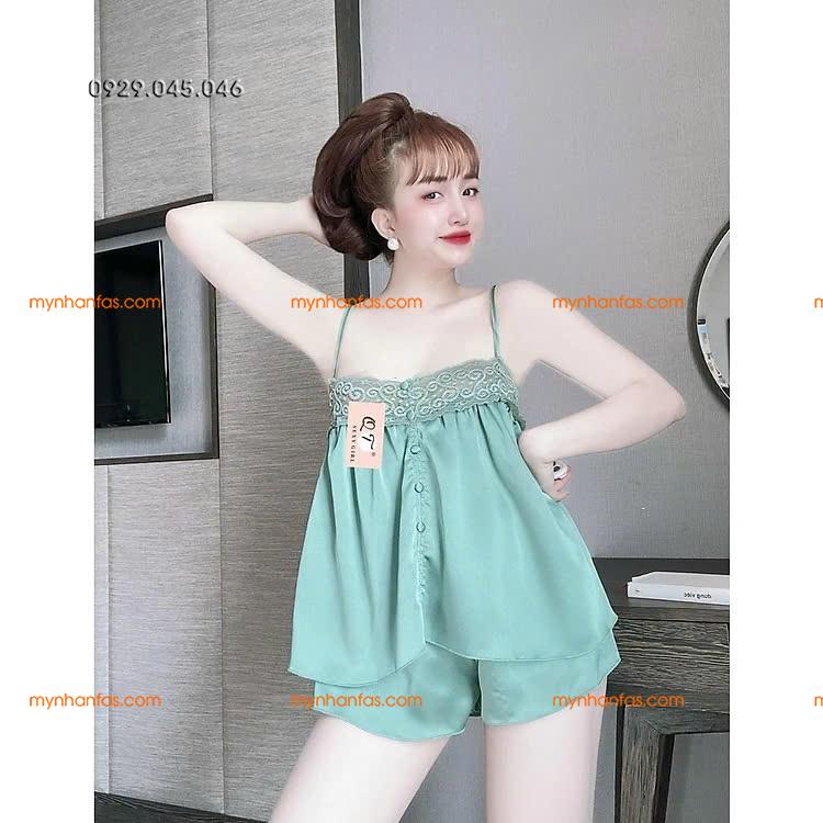 [40-50kg] Đồ ngủ đồ bộ mặc nhà 2 dây vải phi bóng ren ngực dễ thương - PN744