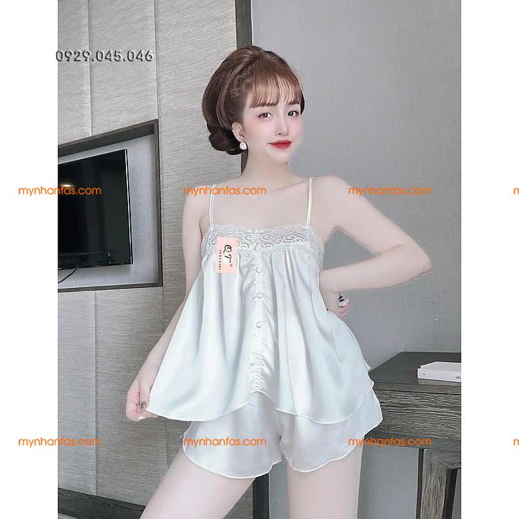 [40-50kg] Đồ ngủ đồ bộ mặc nhà 2 dây vải phi bóng ren ngực dễ thương - PN744