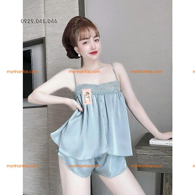 [40-50kg] Đồ ngủ đồ bộ mặc nhà 2 dây vải phi bóng ren ngực dễ thương - PN744