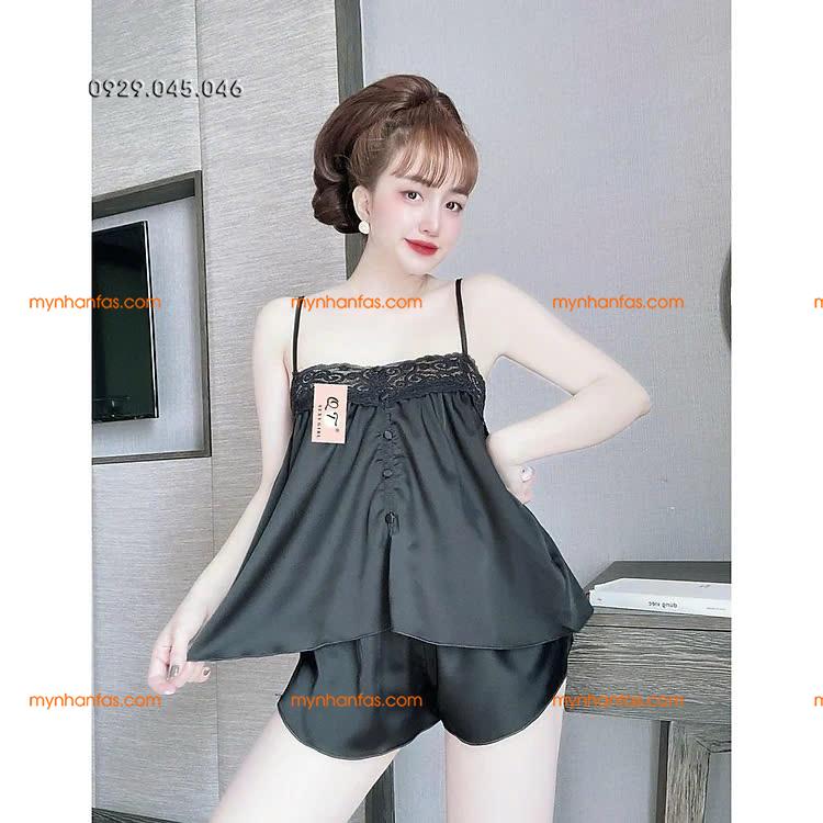 [40-50kg] Đồ ngủ đồ bộ mặc nhà 2 dây vải phi bóng ren ngực dễ thương - PN744