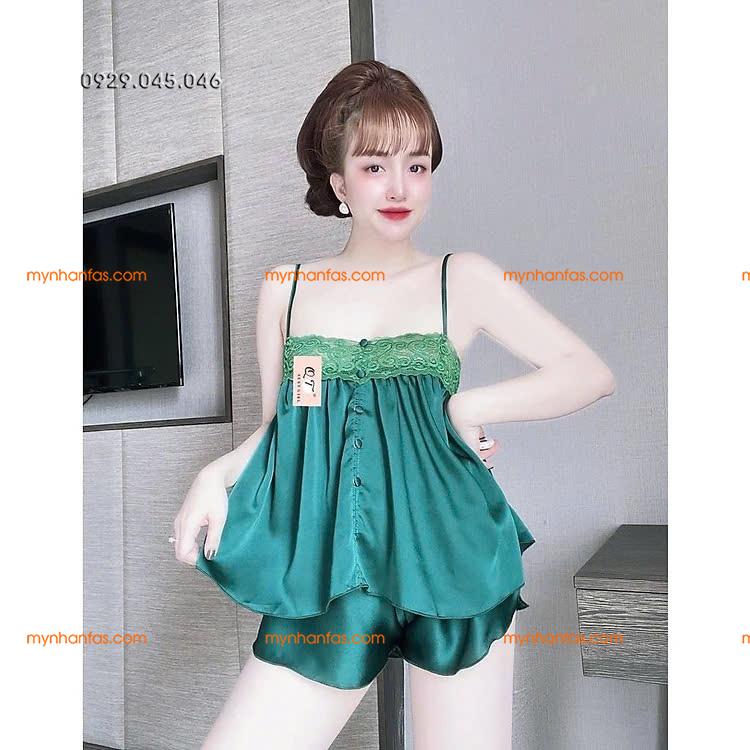 [40-50kg] Đồ ngủ đồ bộ mặc nhà 2 dây vải phi bóng ren ngực dễ thương - PN744