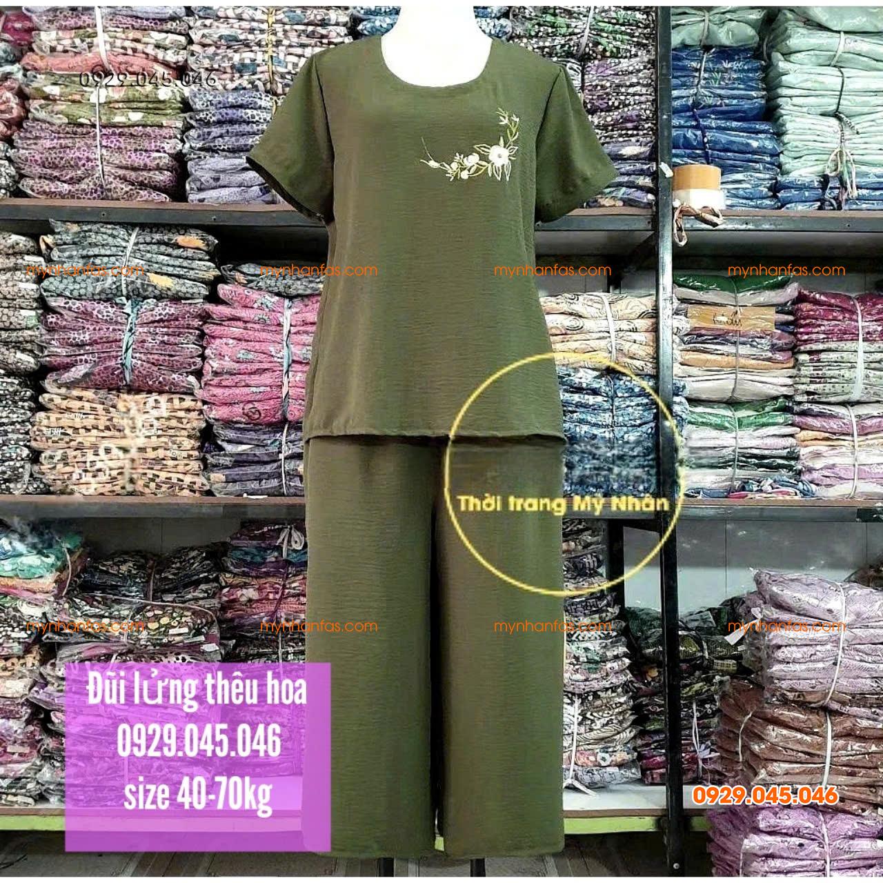 [40-70kg] Đồ bộ trung niên nữ vải đũi cao cấp thêu hoa nhiều màu đẹp - PN737