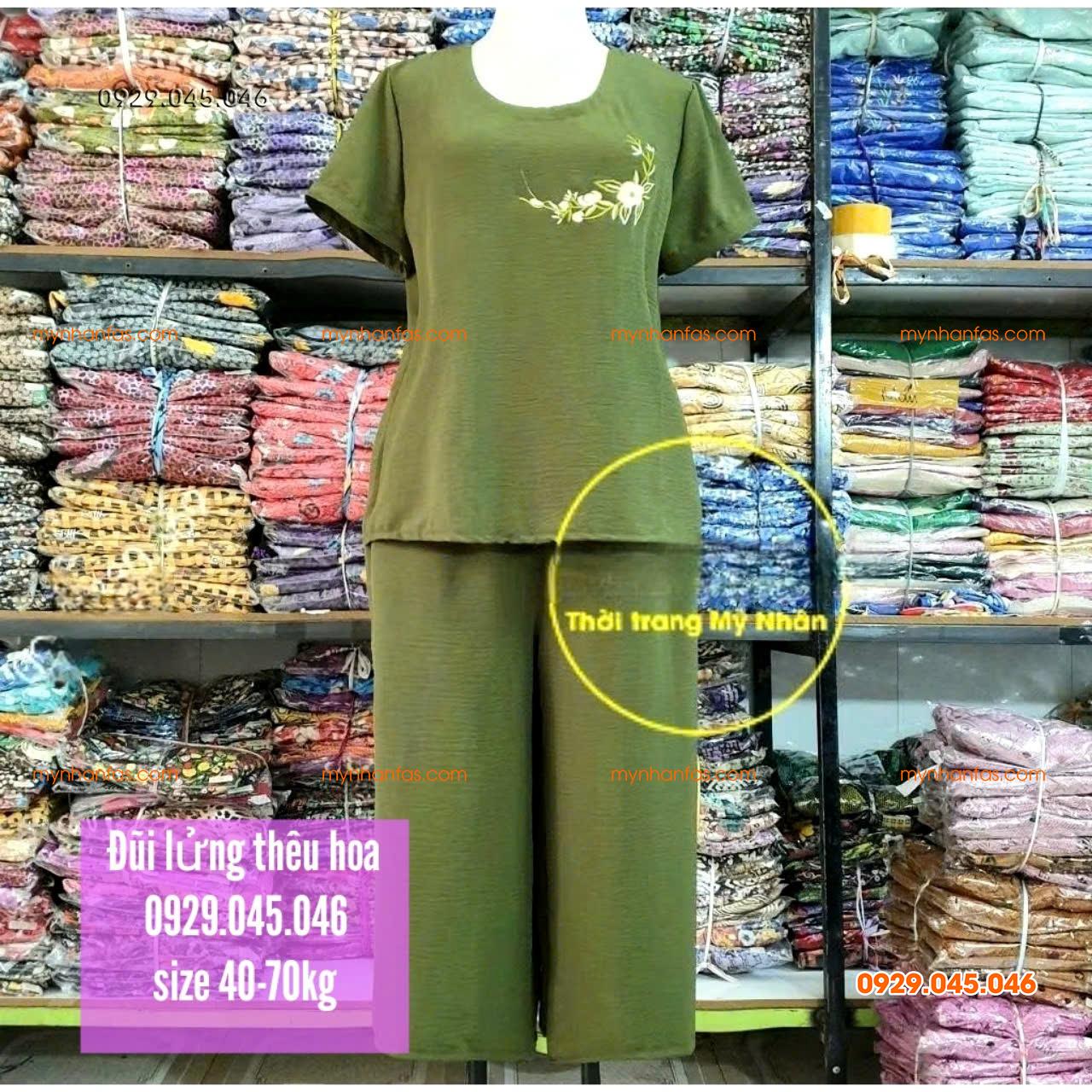 [40-70kg] Đồ bộ trung niên nữ vải đũi cao cấp thêu hoa nhiều màu đẹp - PN737