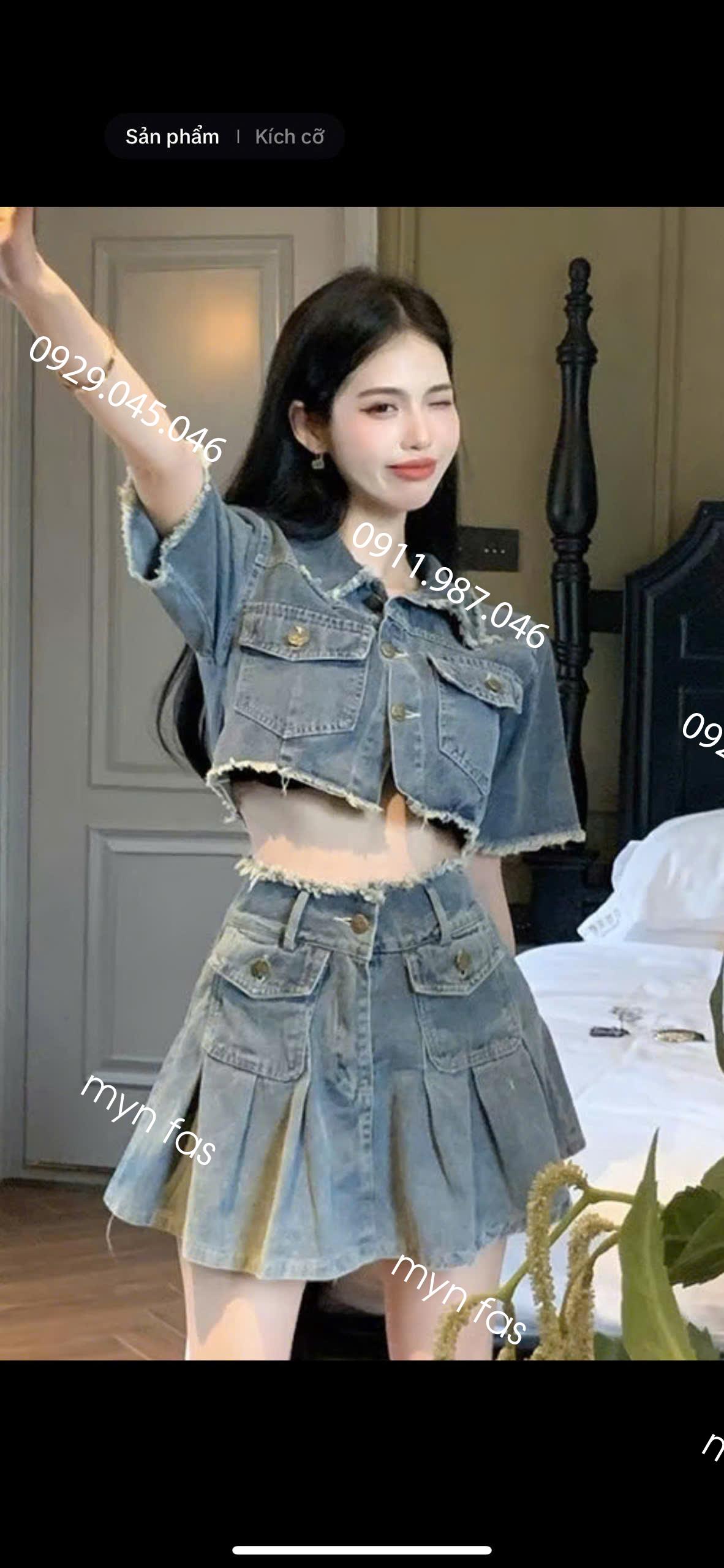Set tk jean cổ bẻ siêu phẩm + chân váy xếp ly - THU1751T5