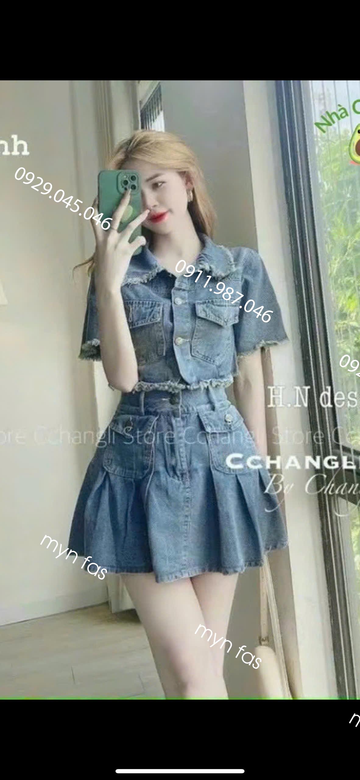 Set tk jean cổ bẻ siêu phẩm + chân váy xếp ly - THU1751T5