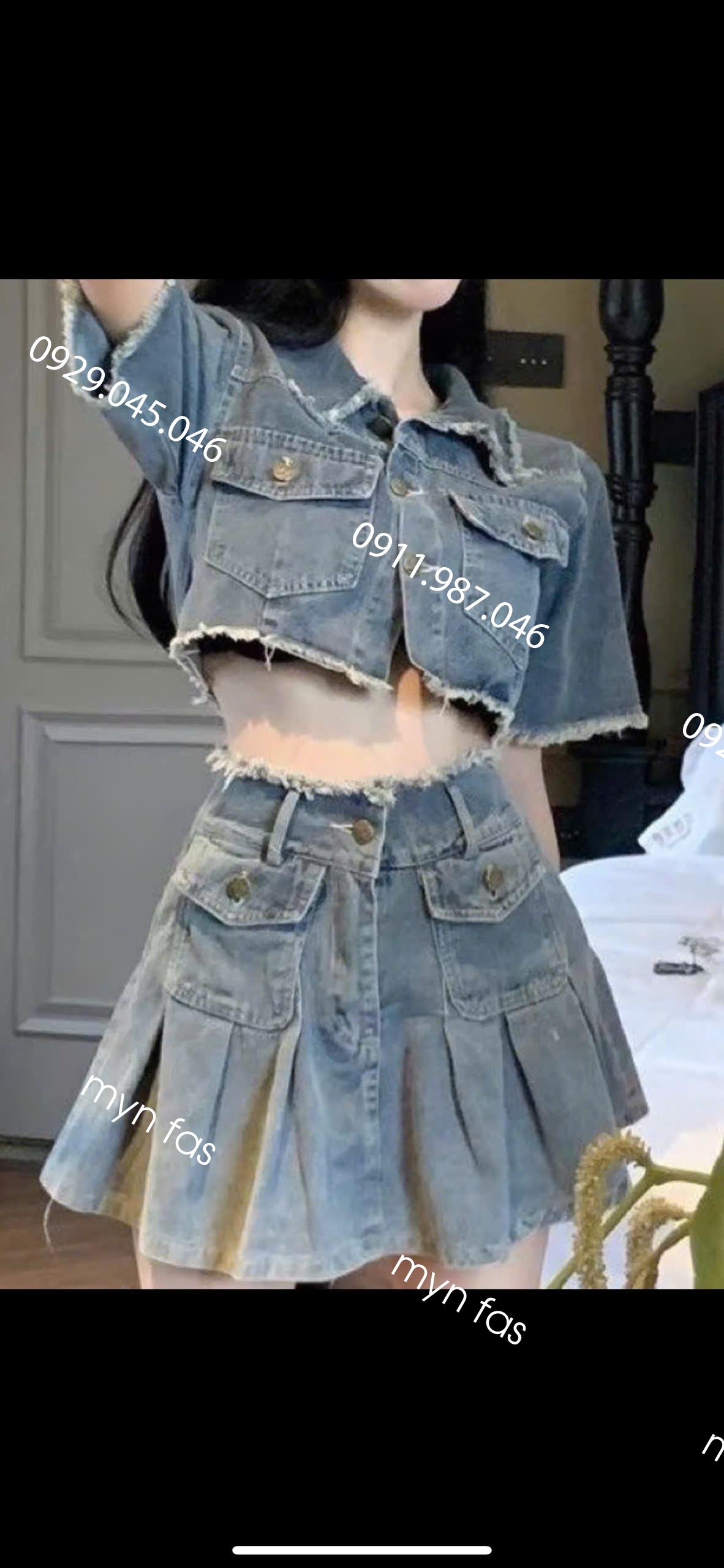 Set tk jean cổ bẻ siêu phẩm + chân váy xếp ly - THU1751T5