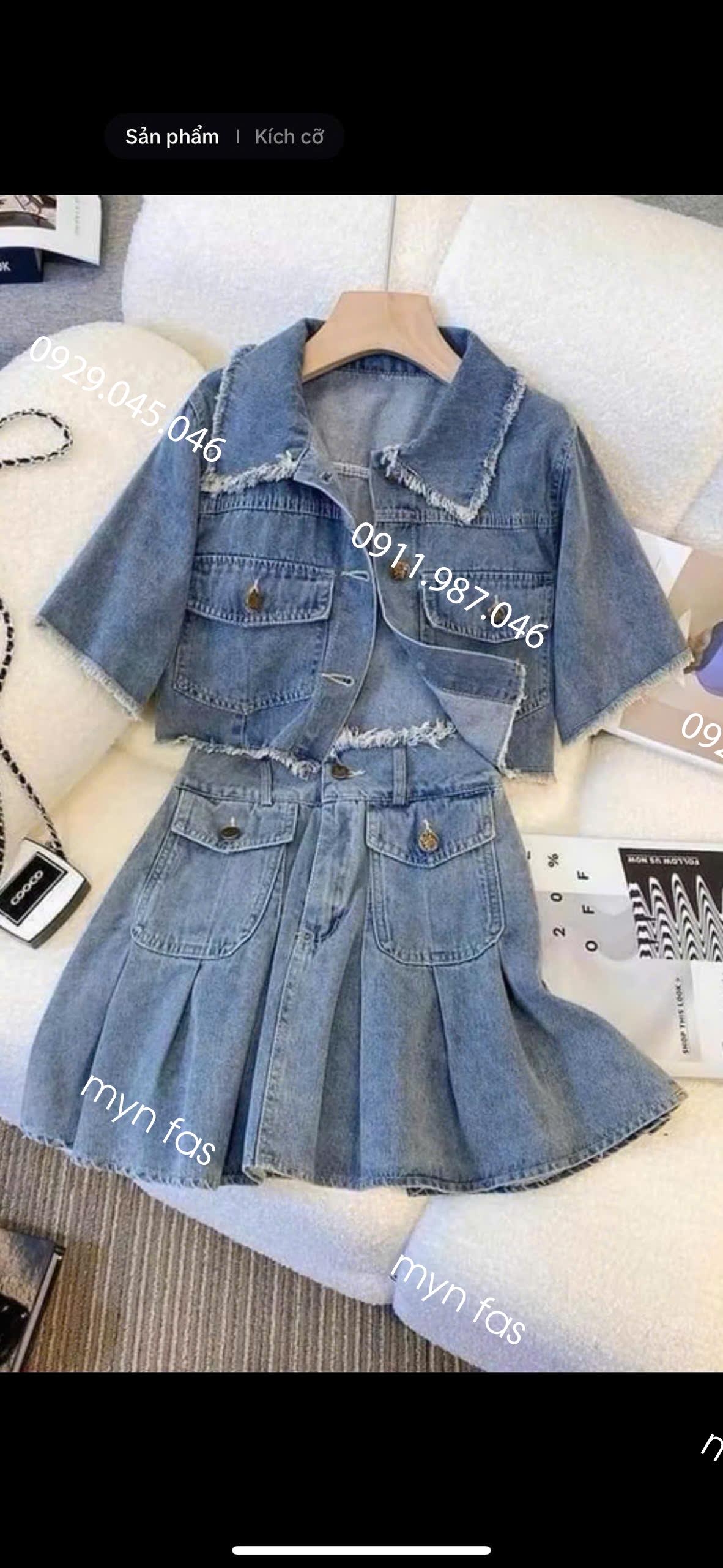 Set tk jean cổ bẻ siêu phẩm + chân váy xếp ly - THU1751T5
