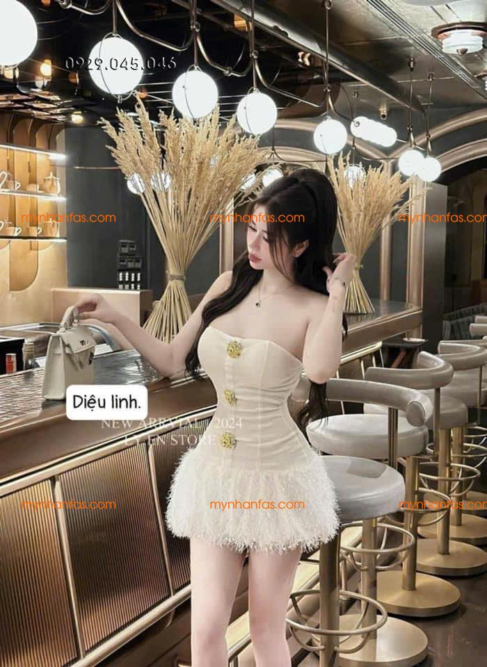 Đầm tăm lạnh có mút ngực phối lông vũ có lót quần cao cấp - MN755
